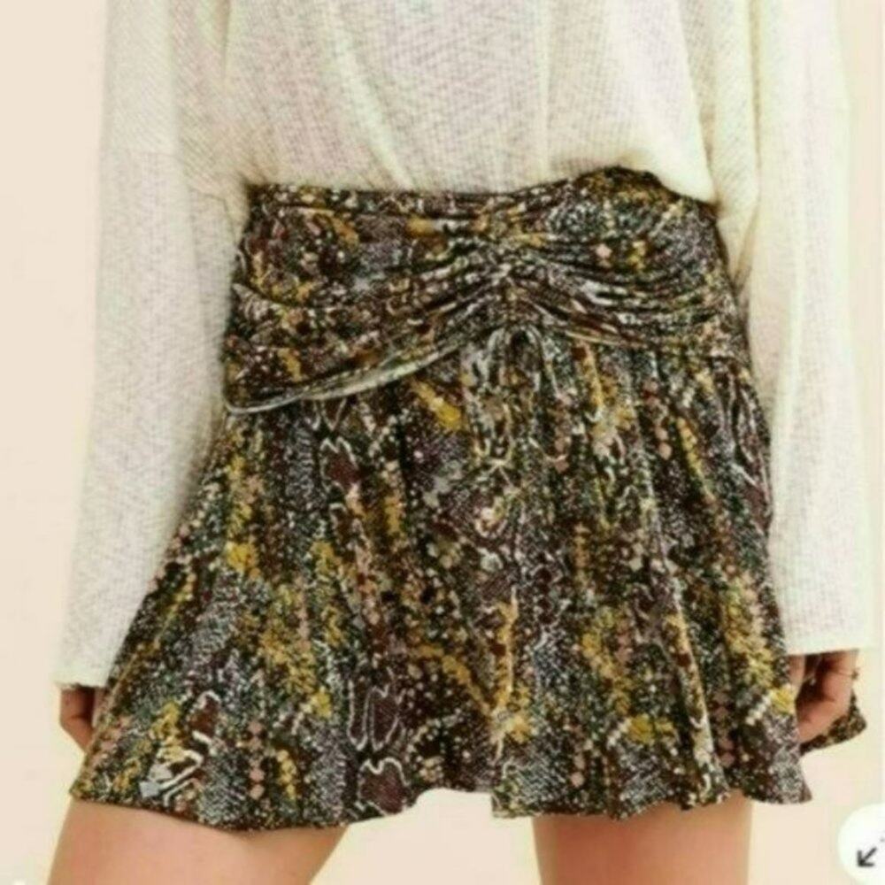 Free People Saturday Sun Pleated Mini Skirt Ruched Snake Print Y2K Festival 10